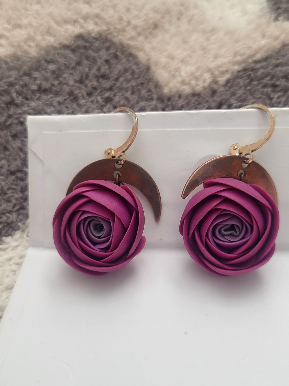 Handmade Polymer Clay Purple Ranaculus  Earrings with Bronze Crescent Accents